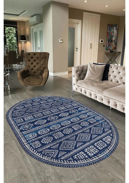 Dijital Baskılı Kaymaz Taban Yıkanabilir Iskandinav Oval Salon Halısı, N-O-Iskandinav-23-Mavi,