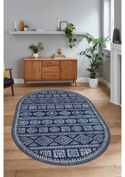 Dijital Baskılı Kaymaz Taban Yıkanabilir Iskandinav Oval Salon Halısı, N-O-Iskandinav-23-Mavi, fiyatları