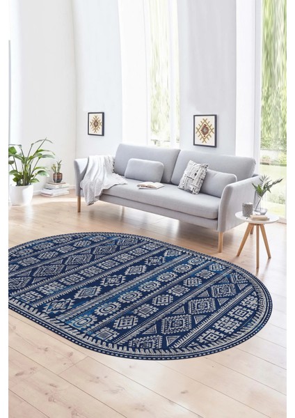 Dijital Baskılı Kaymaz Taban Yıkanabilir Iskandinav Oval Salon Halısı, N-O-Iskandinav-23-Mavi, modelleri
