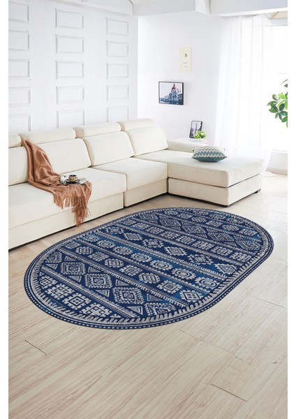 Dijital Baskılı Kaymaz Taban Yıkanabilir Iskandinav Oval Salon Halısı, N-O-Iskandinav-23-Mavi, fırsatları