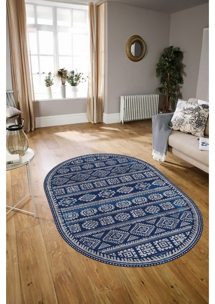 Dijital Baskılı Kaymaz Taban Yıkanabilir Iskandinav Oval Salon Halısı, N-O-Iskandinav-23-Mavi, indirimleri