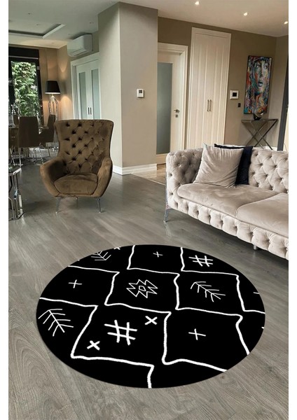 Dijital Baskılı Kaymaz Yıkanabilir Iskandinav Yuvarlak Salon Halısı, N-Y-Iskandinav-04-Siyah,