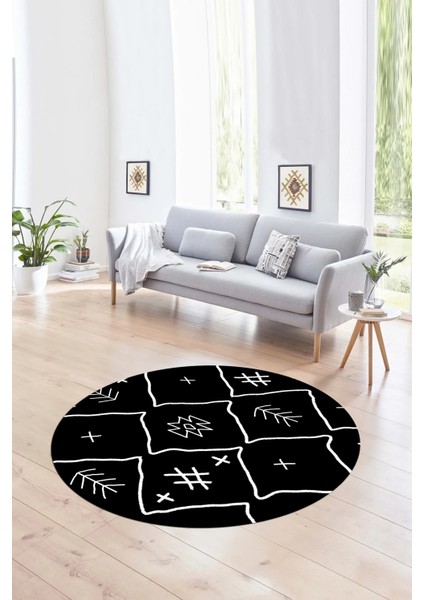 Dijital Baskılı Kaymaz Yıkanabilir Iskandinav Yuvarlak Salon Halısı, N-Y-Iskandinav-04-Siyah, modelleri