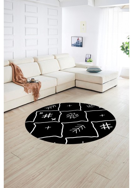 Dijital Baskılı Kaymaz Yıkanabilir Iskandinav Yuvarlak Salon Halısı, N-Y-Iskandinav-04-Siyah, fırsatları