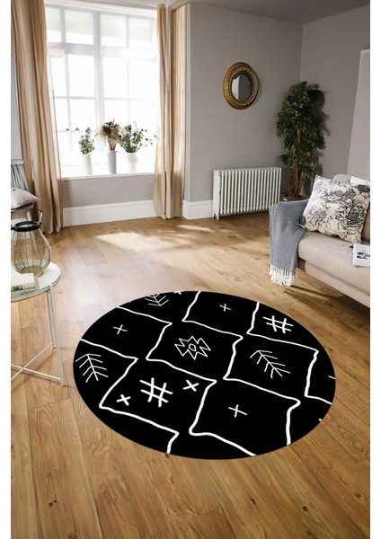 Dijital Baskılı Kaymaz Yıkanabilir Iskandinav Yuvarlak Salon Halısı, N-Y-Iskandinav-04-Siyah, indirimleri