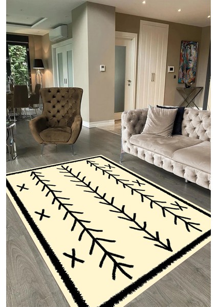 Dijital Baskılı Kaymaz Taban Yıkanabilir Iskandinav Yolluk Salon Halısı, N-Iskandinav-07-Krem,