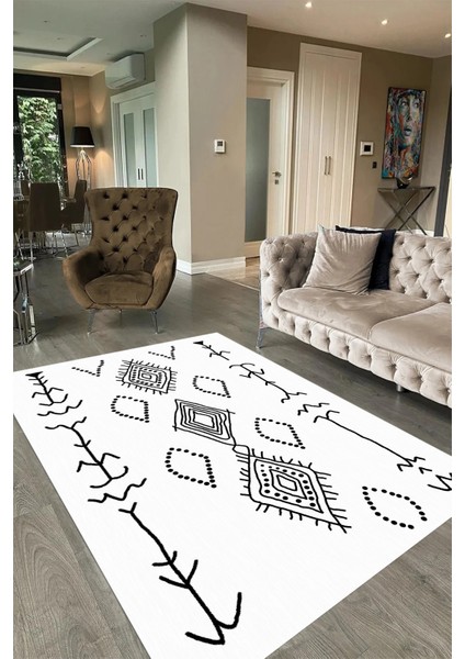 Dijital Baskılı Kaymaz Taban Yıkanabilir Iskandinav Yolluk Salon Halısı, N-Iskandinav-26-Beyaz,