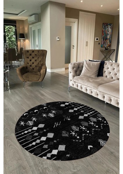 Dijital Baskılı Kaymaz Yıkanabilir Iskandinav Yuvarlak Salon Halısı, N-Y-Iskandinav-24-Siyah,