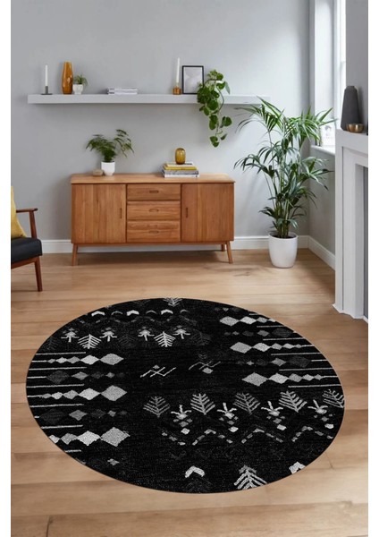 Dijital Baskılı Kaymaz Yıkanabilir Iskandinav Yuvarlak Salon Halısı, N-Y-Iskandinav-24-Siyah, fiyatları