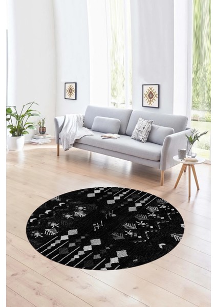 Dijital Baskılı Kaymaz Yıkanabilir Iskandinav Yuvarlak Salon Halısı, N-Y-Iskandinav-24-Siyah, modelleri