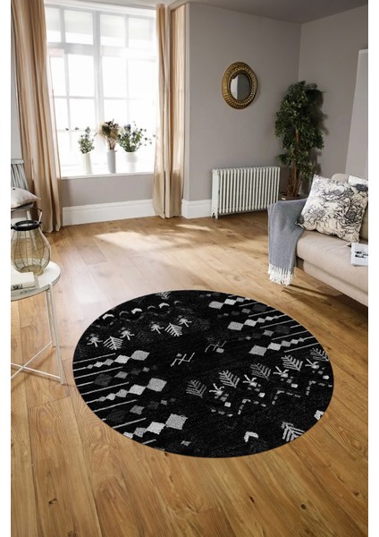 Dijital Baskılı Kaymaz Yıkanabilir Iskandinav Yuvarlak Salon Halısı, N-Y-Iskandinav-24-Siyah, indirimleri