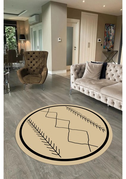 Dijital Baskılı Kaymaz Yıkanabilir Iskandinav Yuvarlak Salon Halısı, N-Y-Iskandinav-01-Krem,