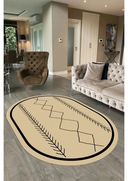 Dijital Baskılı Kaymaz Taban Yıkanabilir Iskandinav Oval Salon Halısı, N-O-Iskandinav-01-Krem,