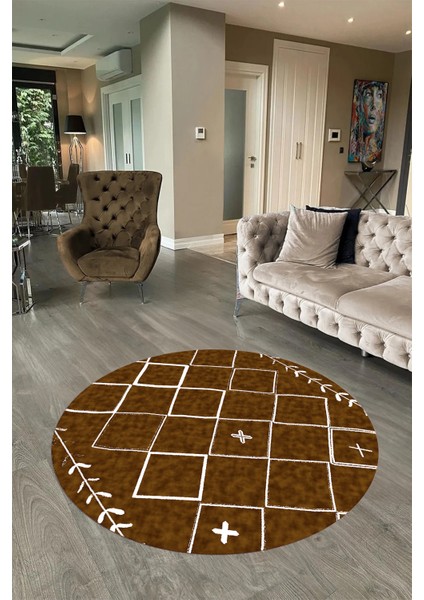 Dijital Baskılı Kaymaz Yıkanabilir Iskandinav Yuvarlak Salon Halısı, N-Y-Iskandinav-18-Kahve,