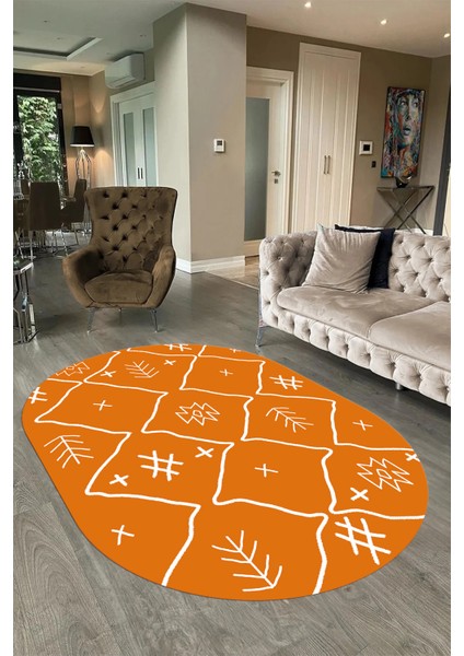 Dijital Baskılı Kaymaz Taban Yıkanabilir Iskandinav Oval Salon Halısı, N-O-Iskandinav-04-Turuncu,