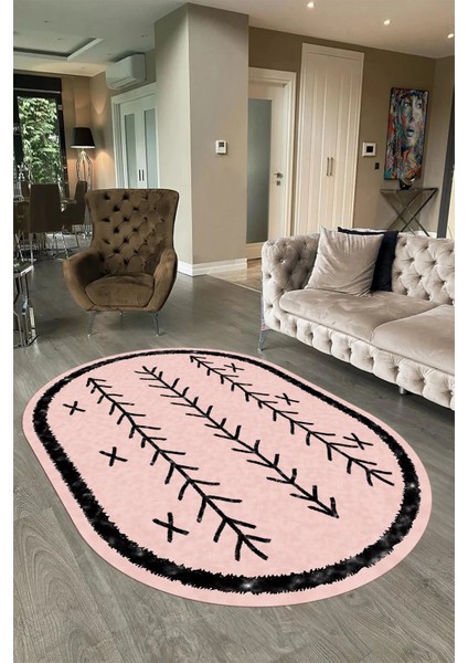 Dijital Baskılı Kaymaz Taban Yıkanabilir Iskandinav Oval Salon Halısı, N-O-Iskandinav-07-Pembe,