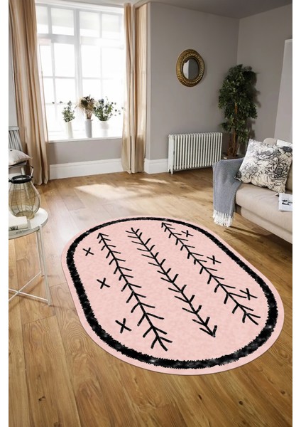 Dijital Baskılı Kaymaz Taban Yıkanabilir Iskandinav Oval Salon Halısı, N-O-Iskandinav-07-Pembe, indirimleri