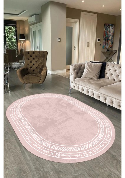 Dijital Baskılı Kaymaz Taban Yıkanabilir Iskandinav Oval Salon Halısı, N-O-Iskandinav-30-Pembe,