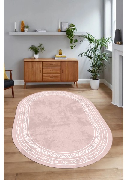 Dijital Baskılı Kaymaz Taban Yıkanabilir Iskandinav Oval Salon Halısı, N-O-Iskandinav-30-Pembe,