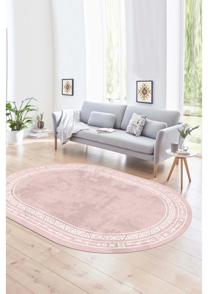 Dijital Baskılı Kaymaz Taban Yıkanabilir Iskandinav Oval Salon Halısı, N-O-Iskandinav-30-Pembe,
