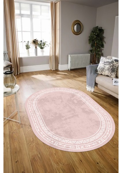 Dijital Baskılı Kaymaz Taban Yıkanabilir Iskandinav Oval Salon Halısı, N-O-Iskandinav-30-Pembe,