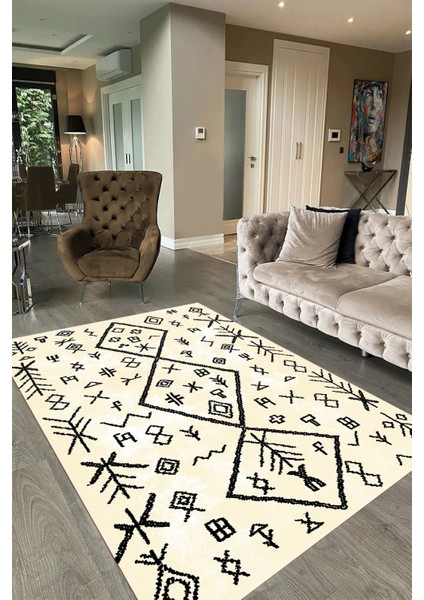 Dijital Baskılı Kaymaz Taban Yıkanabilir Iskandinav Yolluk Salon Halısı, N-Iskandinav-16-Krem,