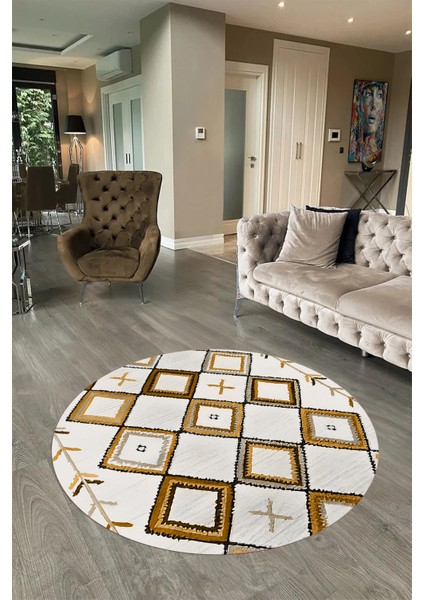 Dijital Baskılı Kaymaz Yıkanabilir Iskandinav Yuvarlak Salon Halısı, N-Y-Iskandinav-12-Turuncu,