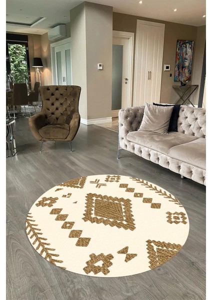 Dijital Baskılı Kaymaz Yıkanabilir Iskandinav Yuvarlak Salon Halısı, N-Y-Iskandinav-15-Kahve,