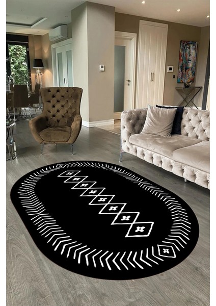 Dijital Baskılı Kaymaz Taban Yıkanabilir Iskandinav Oval Salon Halısı, N-O-Iskandinav-03-Siyah,