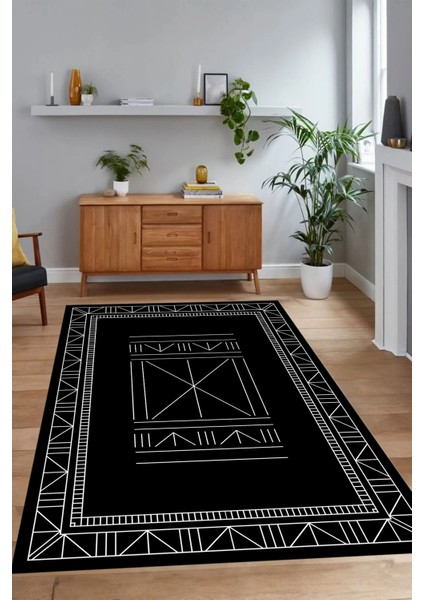Dijital Baskılı Kaymaz Taban Yıkanabilir Iskandinav Yolluk Salon Halısı, N-Iskandinav-09-Siyah,