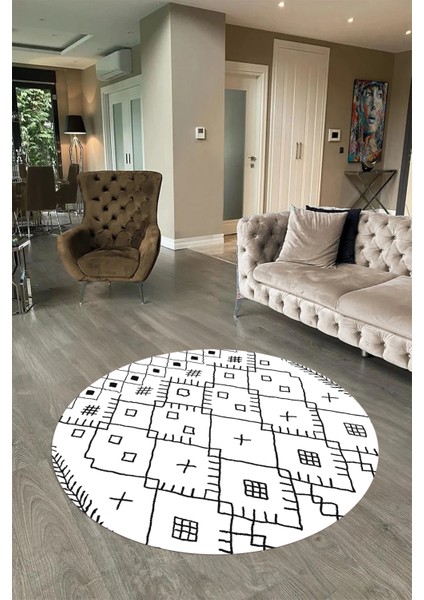 Dijital Baskılı Kaymaz Yıkanabilir Iskandinav Yuvarlak Salon Halısı, N-Y-Iskandinav-10-Beyaz,