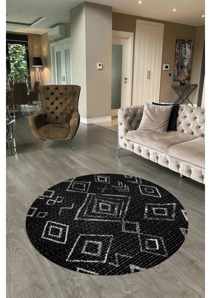 Dijital Baskılı Kaymaz Yıkanabilir Iskandinav Yuvarlak Salon Halısı, N-Y-Iskandinav-29-Antrasit,