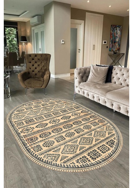 Dijital Baskılı Kaymaz Taban Yıkanabilir Iskandinav Oval Salon Halısı, N-O-Iskandinav-23-Krem,