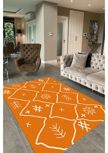 Dijital Baskılı Kaymaz Taban Yıkanabilir Iskandinav Yolluk Salon Halısı, N-Iskandinav-04-Turuncu,