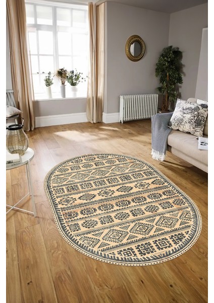 Dijital Baskılı Kaymaz Taban Yıkanabilir Iskandinav Oval Salon Halısı, N-O-Iskandinav-23-Krem, indirimleri