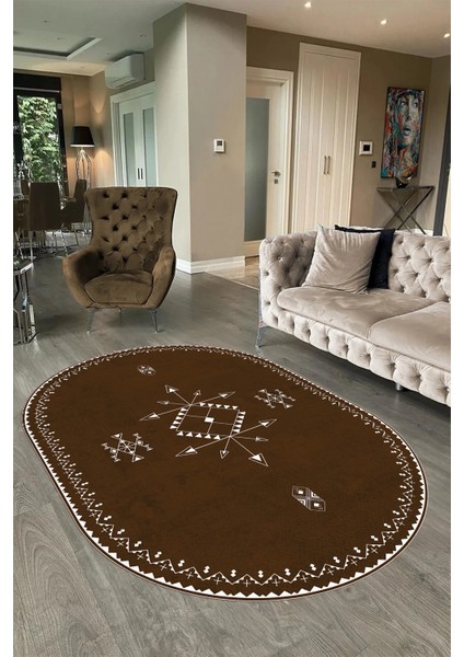 Dijital Baskılı Kaymaz Taban Yıkanabilir Iskandinav Oval Salon Halısı, N-O-Iskandinav-08-Kahve,