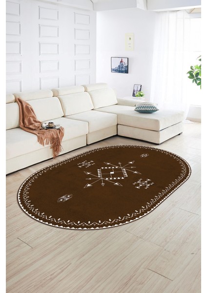 Dijital Baskılı Kaymaz Taban Yıkanabilir Iskandinav Oval Salon Halısı, N-O-Iskandinav-08-Kahve, fırsatları