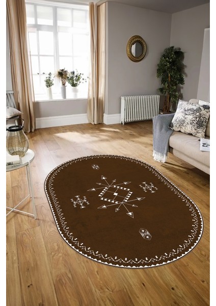 Dijital Baskılı Kaymaz Taban Yıkanabilir Iskandinav Oval Salon Halısı, N-O-Iskandinav-08-Kahve, indirimleri