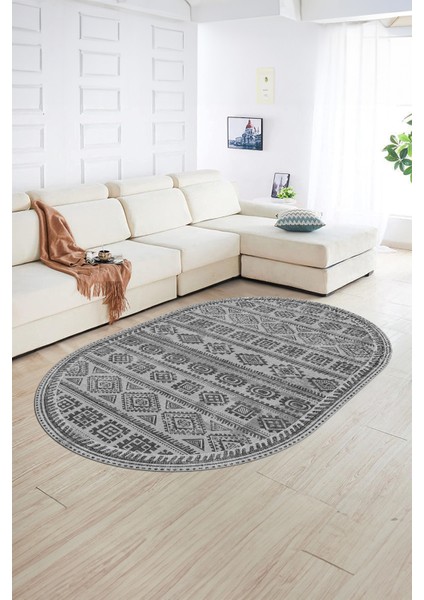 Dijital Baskılı Kaymaz Taban Yıkanabilir Iskandinav Oval Salon Halısı, N-O-Iskandinav-23-Gri,