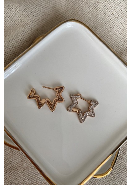 Zirkon Taşlı Yandan Görünen Yıldız Çelik Küpe (Gold)