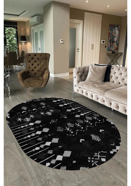 Dijital Baskılı Kaymaz Taban Yıkanabilir Iskandinav Oval Salon Halısı, N-O-Iskandinav-24-Siyah,