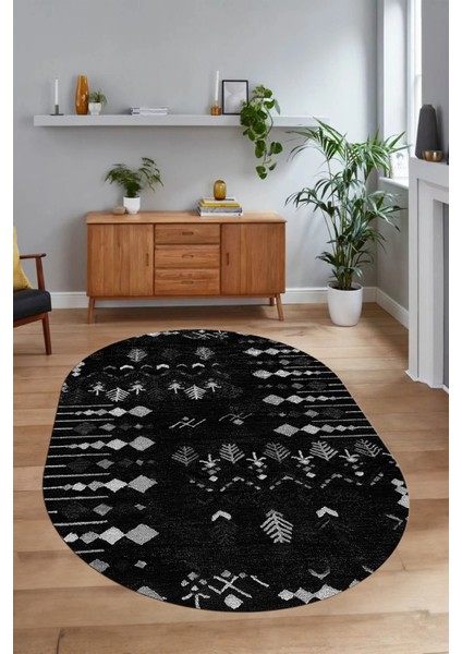 Dijital Baskılı Kaymaz Taban Yıkanabilir Iskandinav Oval Salon Halısı, N-O-Iskandinav-24-Siyah, fiyatları