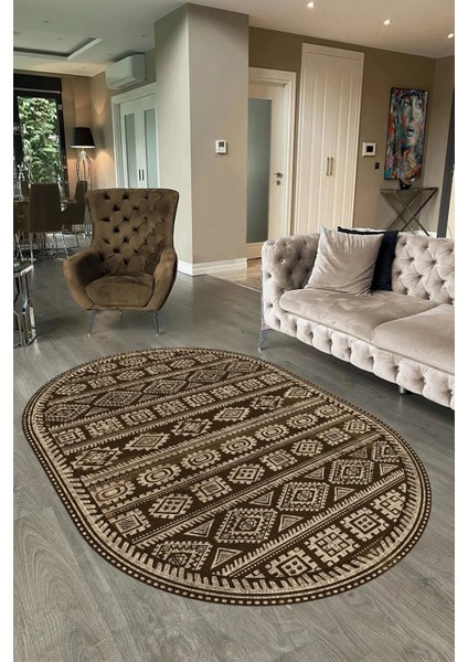 Dijital Baskılı Kaymaz Taban Yıkanabilir Iskandinav Oval Salon Halısı, N-O-Iskandinav-23-Kahve,
