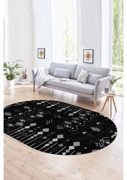 Dijital Baskılı Kaymaz Taban Yıkanabilir Iskandinav Oval Salon Halısı, N-O-Iskandinav-24-Siyah, modelleri