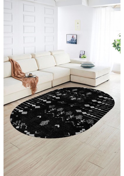 Dijital Baskılı Kaymaz Taban Yıkanabilir Iskandinav Oval Salon Halısı, N-O-Iskandinav-24-Siyah, fırsatları