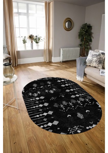 Dijital Baskılı Kaymaz Taban Yıkanabilir Iskandinav Oval Salon Halısı, N-O-Iskandinav-24-Siyah, indirimleri