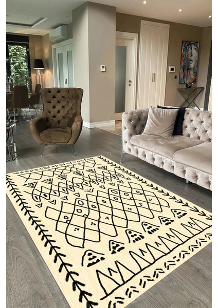 Dijital Baskılı Kaymaz Taban Yıkanabilir Iskandinav Yolluk Salon Halısı, N-Iskandinav-19-Krem,