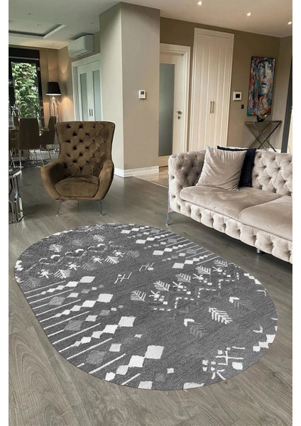 Dijital Baskılı Kaymaz Taban Yıkanabilir Iskandinav Oval Salon Halısı, N-O-Iskandinav-24-Gri,