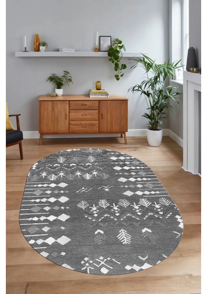 Dijital Baskılı Kaymaz Taban Yıkanabilir Iskandinav Oval Salon Halısı, N-O-Iskandinav-24-Gri, fiyatları