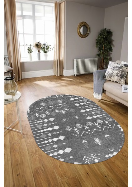 Dijital Baskılı Kaymaz Taban Yıkanabilir Iskandinav Oval Salon Halısı, N-O-Iskandinav-24-Gri, indirimleri